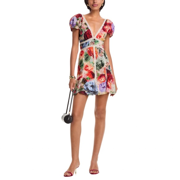 Alice + Olivia Lara Deep V Lace Trim Mini Dress — Multicolor Floral Size 4 NWT - Picture 3 of 13